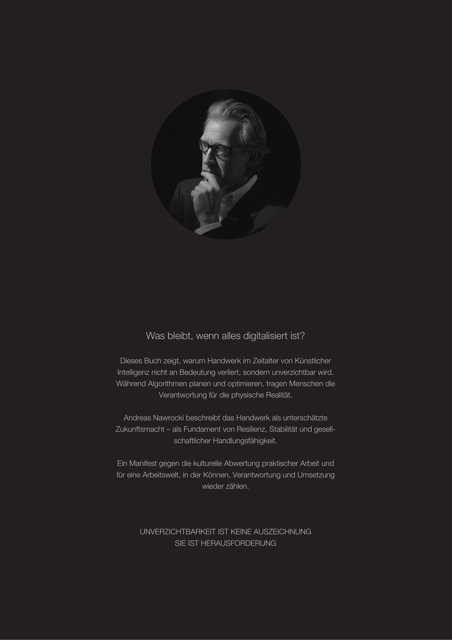 Rückseite des Buchs Unverzichtbar mit Portrait von Andreas Nawrocki